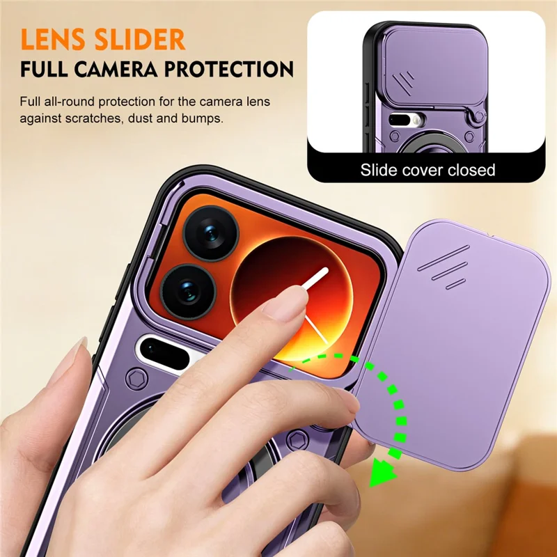 For Xiaomi 17 Pro Max Case with Slide Lens Cover Rotatable Kickstand Shockproof TPU + PC Phone Shell - Purple