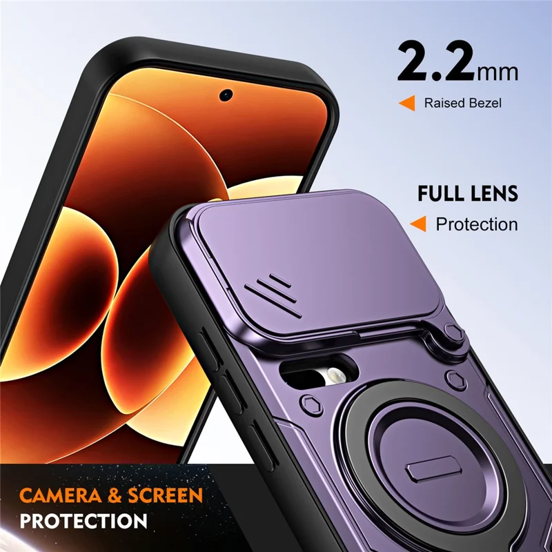 For Xiaomi 17 Pro Max Case with Slide Lens Cover Rotatable Kickstand Shockproof TPU + PC Phone Shell - Purple
