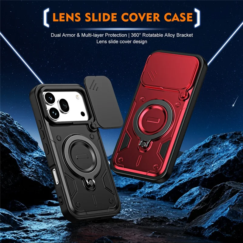 For Honor 600 5G / 600 Pro 5G Case with Slide Lens Cover Rotatable Kickstand Shockproof TPU + PC Phone Shell - Black