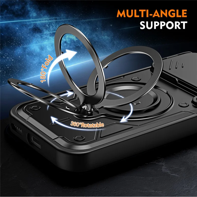 For Honor 600 5G / 600 Pro 5G Case with Slide Lens Cover Rotatable Kickstand Shockproof TPU + PC Phone Shell - Black