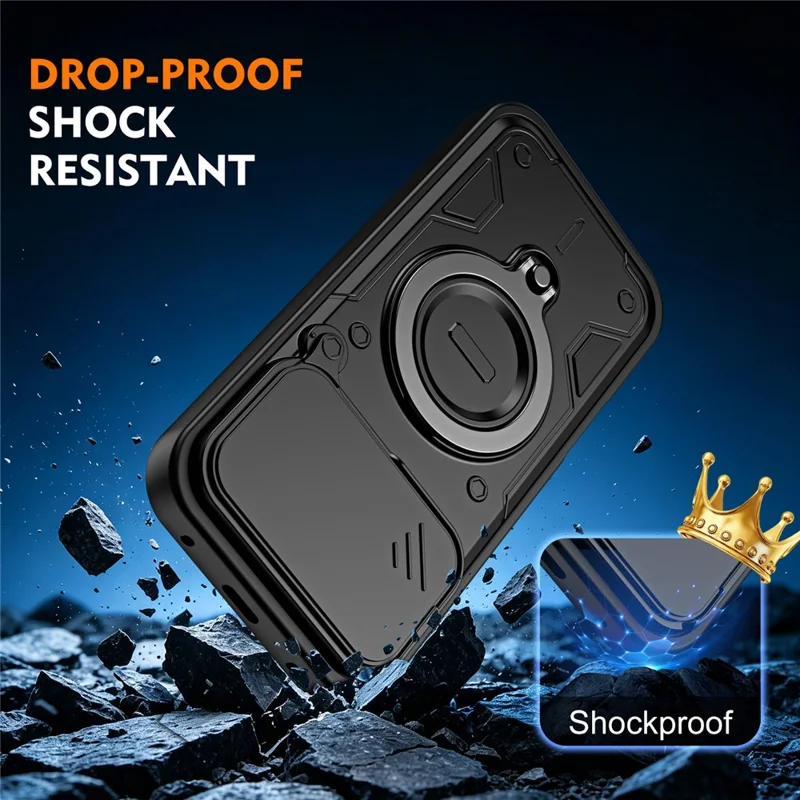 For Honor 600 5G / 600 Pro 5G Case with Slide Lens Cover Rotatable Kickstand Shockproof TPU + PC Phone Shell - Black