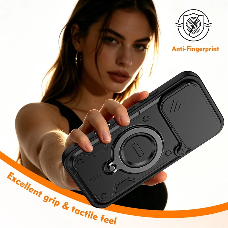 For Honor 600 5G / 600 Pro 5G Case with Slide Lens Cover Rotatable Kickstand Shockproof TPU + PC Phone Shell - Black
