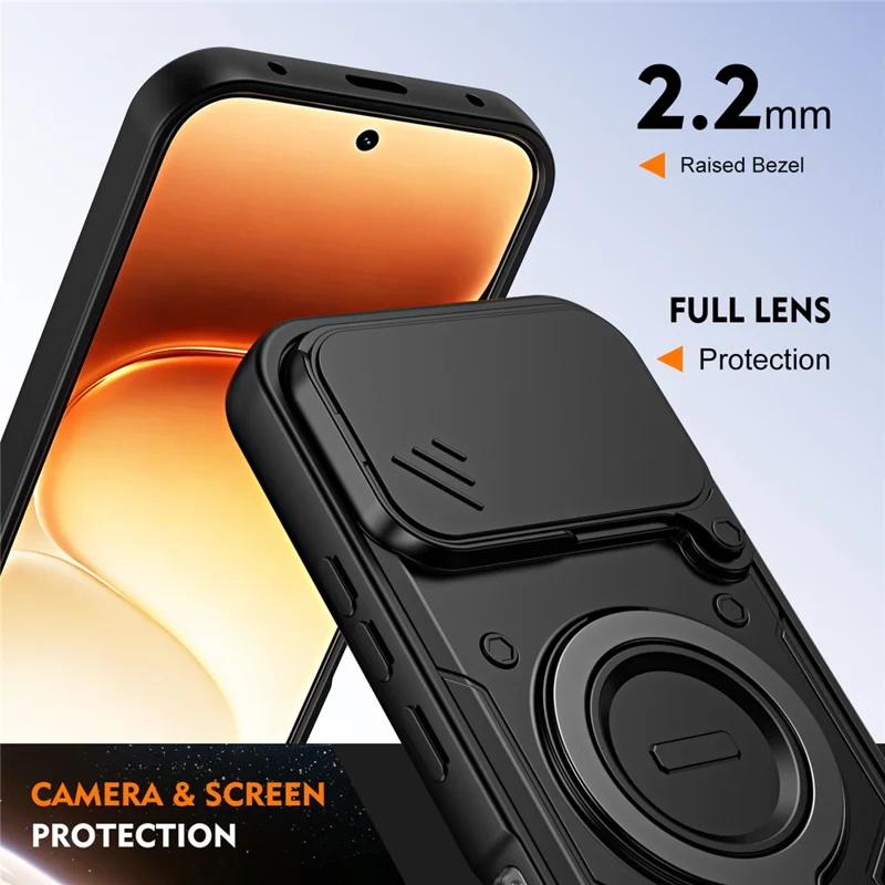 For Honor 600 5G / 600 Pro 5G Case with Slide Lens Cover Rotatable Kickstand Shockproof TPU + PC Phone Shell - Black