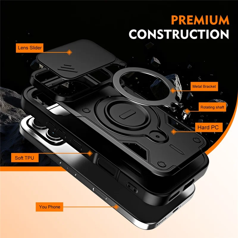 For Honor 600 5G / 600 Pro 5G Case with Slide Lens Cover Rotatable Kickstand Shockproof TPU + PC Phone Shell - Black