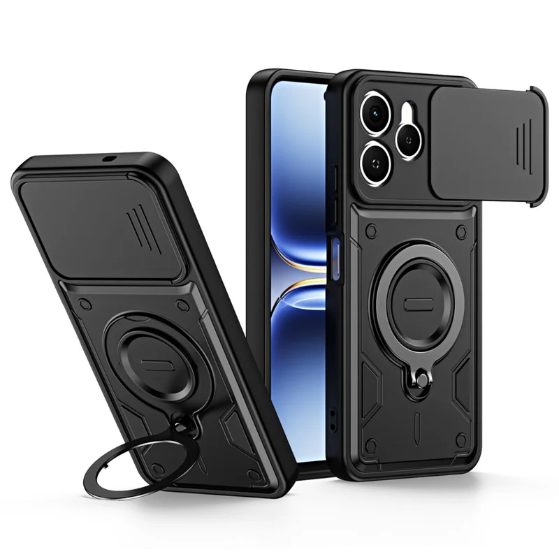 For TECNO Spark 40 4G Case with Slide Lens Cover Rotatable Kickstand Shockproof TPU + PC Phone Shell - Black