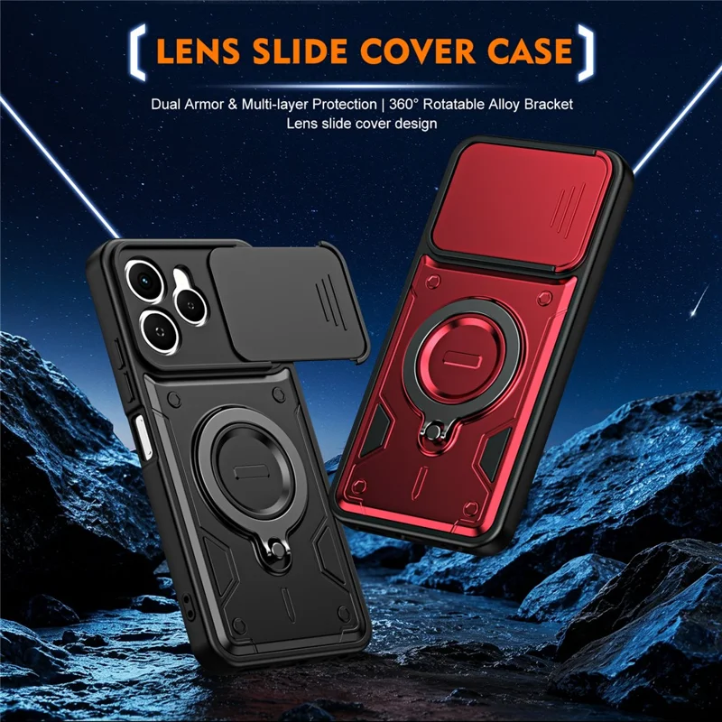 For TECNO Spark 40 4G Case with Slide Lens Cover Rotatable Kickstand Shockproof TPU + PC Phone Shell - Black