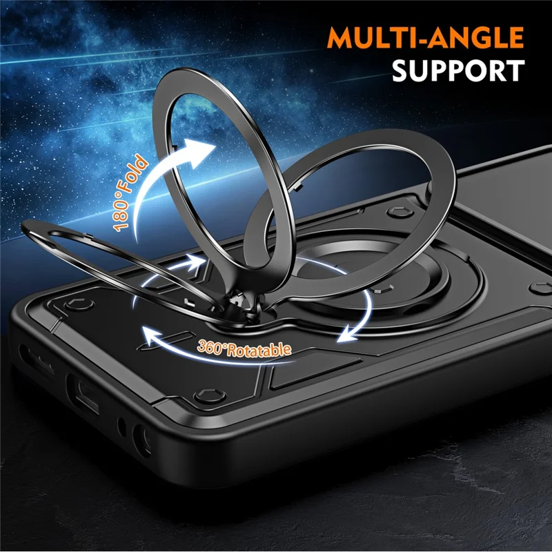 For TECNO Spark 40 4G Case with Slide Lens Cover Rotatable Kickstand Shockproof TPU + PC Phone Shell - Black