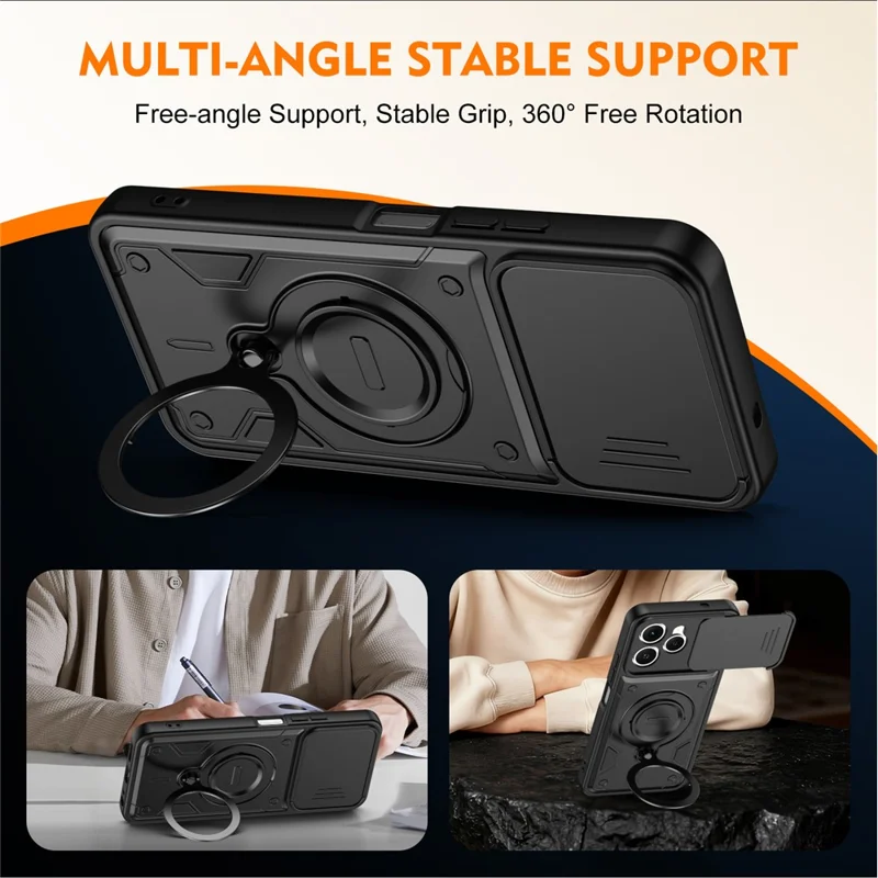 For TECNO Spark 40 4G Case with Slide Lens Cover Rotatable Kickstand Shockproof TPU + PC Phone Shell - Black