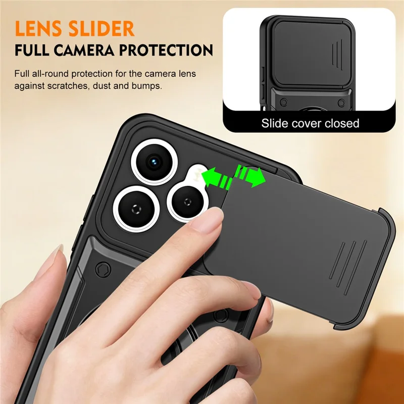 For TECNO Spark 40 4G Case with Slide Lens Cover Rotatable Kickstand Shockproof TPU + PC Phone Shell - Black