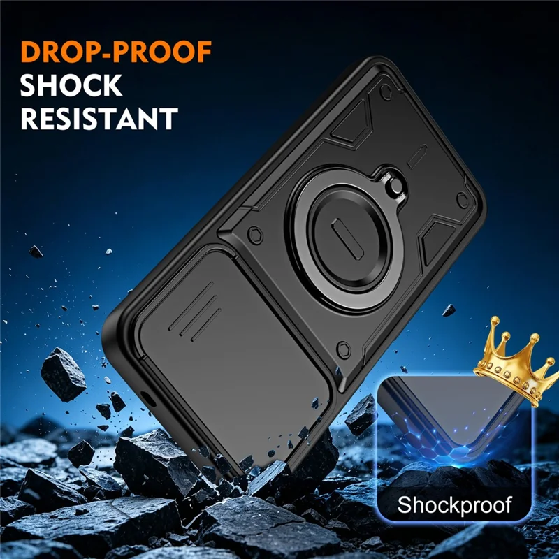 For TECNO Spark 40 4G Case with Slide Lens Cover Rotatable Kickstand Shockproof TPU + PC Phone Shell - Black