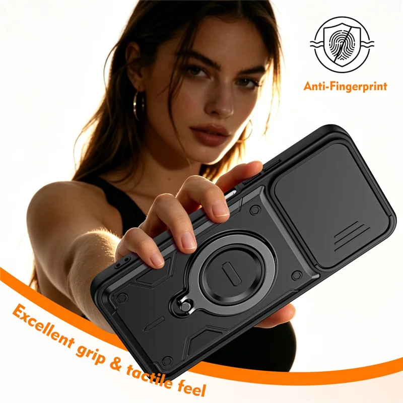 For TECNO Spark 40 4G Case with Slide Lens Cover Rotatable Kickstand Shockproof TPU + PC Phone Shell - Black