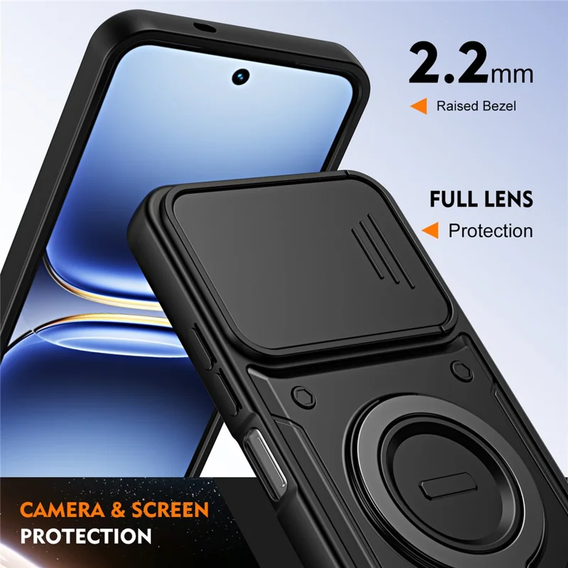 For TECNO Spark 40 4G Case with Slide Lens Cover Rotatable Kickstand Shockproof TPU + PC Phone Shell - Black