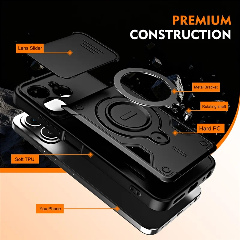 For TECNO Spark 40 4G Case with Slide Lens Cover Rotatable Kickstand Shockproof TPU + PC Phone Shell - Black