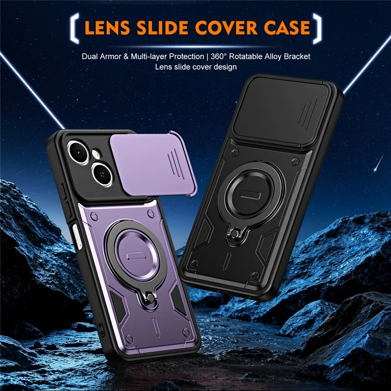 For TECNO Spark 40C Case with Slide Lens Cover Rotatable Kickstand Shockproof TPU + PC Phone Shell - Purple
