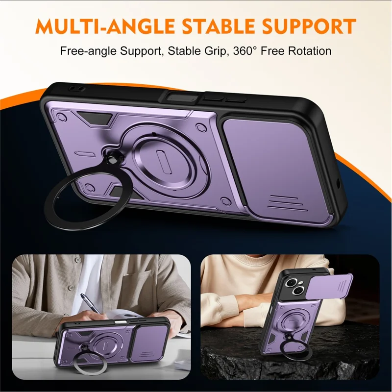 For TECNO Spark 40C Case with Slide Lens Cover Rotatable Kickstand Shockproof TPU + PC Phone Shell - Purple