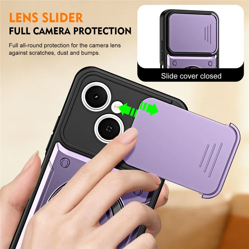 For TECNO Spark 40C Case with Slide Lens Cover Rotatable Kickstand Shockproof TPU + PC Phone Shell - Purple