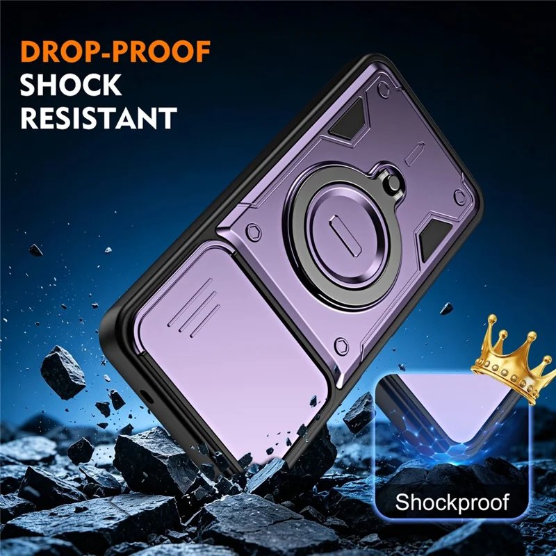 For TECNO Spark 40C Case with Slide Lens Cover Rotatable Kickstand Shockproof TPU + PC Phone Shell - Purple