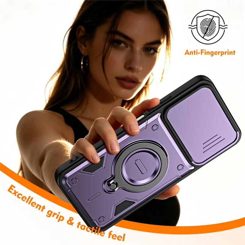 For TECNO Spark 40C Case with Slide Lens Cover Rotatable Kickstand Shockproof TPU + PC Phone Shell - Purple
