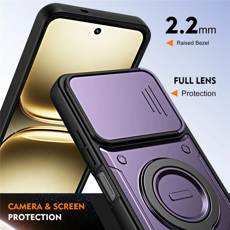 For TECNO Spark 40C Case with Slide Lens Cover Rotatable Kickstand Shockproof TPU + PC Phone Shell - Purple