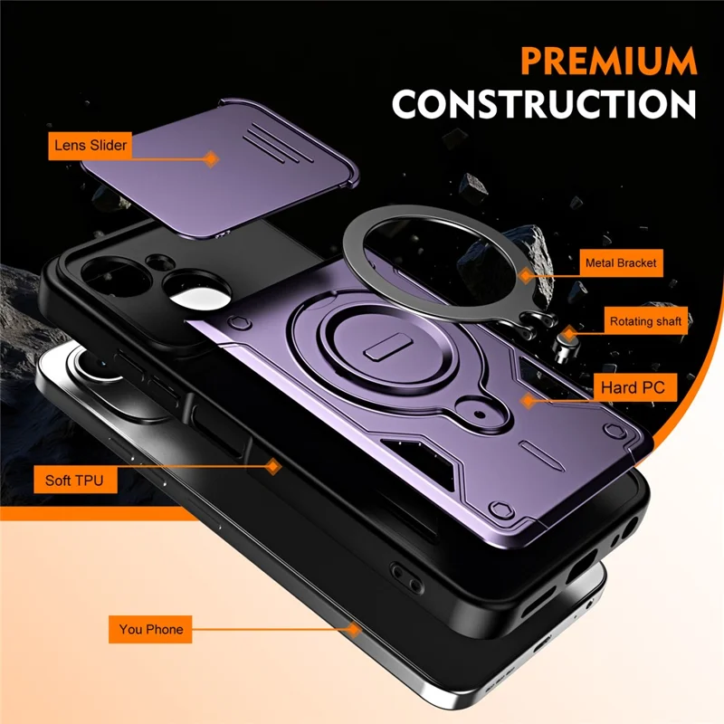 For TECNO Spark 40C Case with Slide Lens Cover Rotatable Kickstand Shockproof TPU + PC Phone Shell - Purple