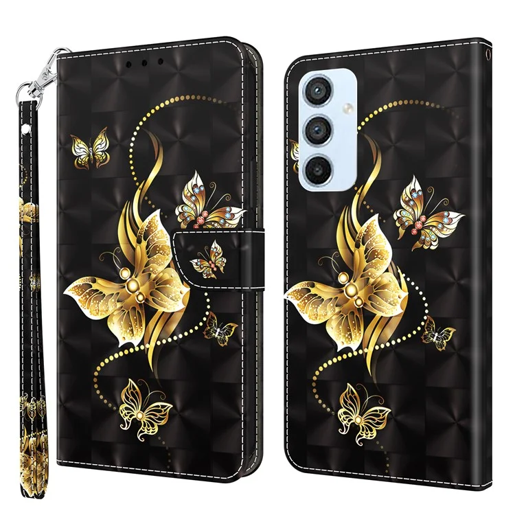 Für Samsung Galaxy A54 5G Flip-Handyhülle, Sturzsichere PU-Leder-3D-Musterdruckhandyhülle mit Ständer und Trageriemen - Goldener Schmetterling