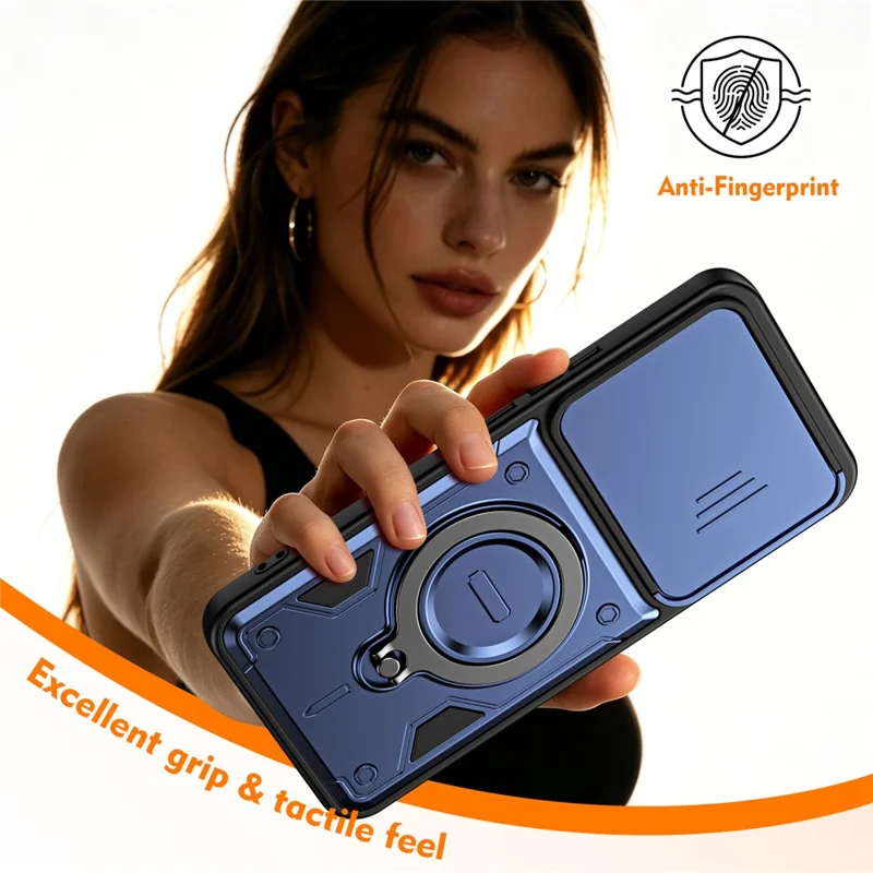 For TECNO Spark 40 Pro 4G Case with Slide Lens Cover Rotatable Kickstand Shockproof TPU + PC Phone Shell - Sapphire