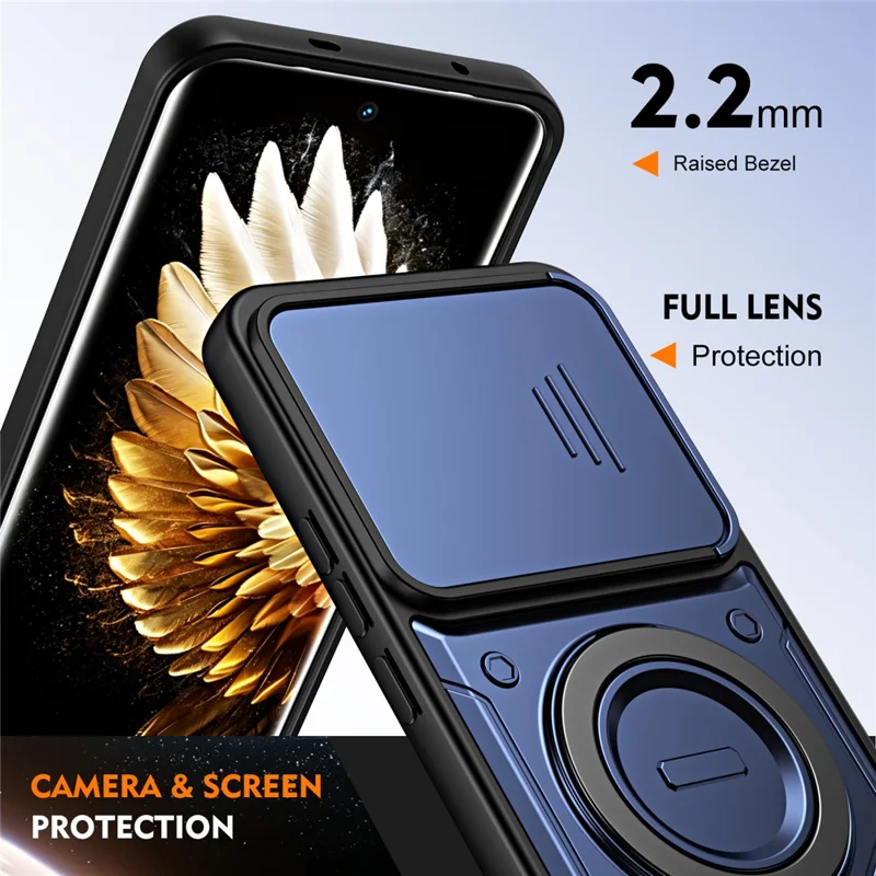 For TECNO Spark 40 Pro 4G Case with Slide Lens Cover Rotatable Kickstand Shockproof TPU + PC Phone Shell - Sapphire