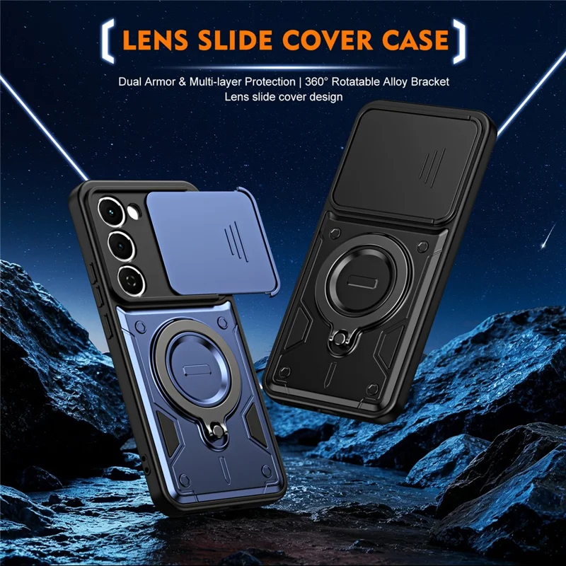 For TECNO Spark 40 Pro+ 4G Case with Slide Lens Cover Rotatable Kickstand Shockproof TPU + PC Phone Shell - Sapphire