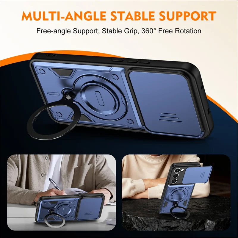 For TECNO Spark 40 Pro+ 4G Case with Slide Lens Cover Rotatable Kickstand Shockproof TPU + PC Phone Shell - Sapphire