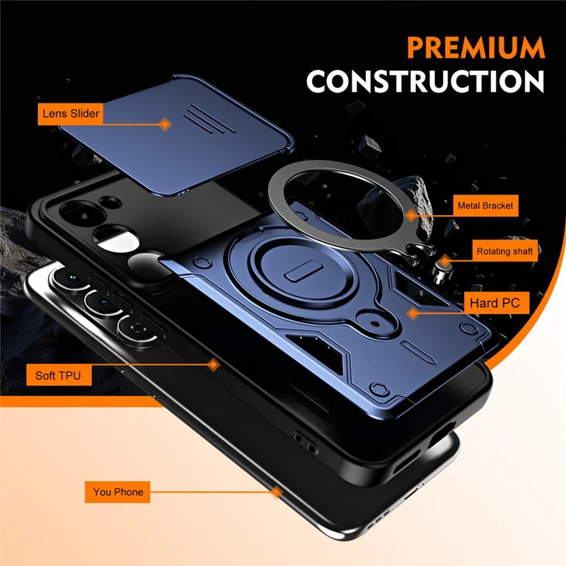 For TECNO Spark 40 Pro+ 4G Case with Slide Lens Cover Rotatable Kickstand Shockproof TPU + PC Phone Shell - Sapphire