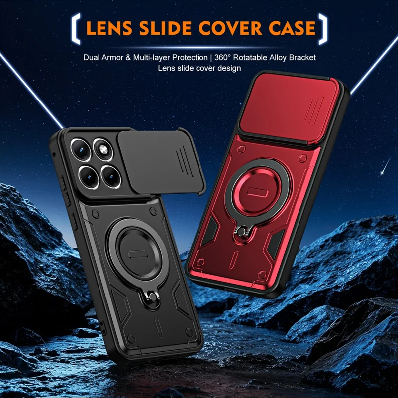 For Motorola Edge 60 Pro 5G Case with Slide Lens Cover Rotatable Kickstand Shockproof TPU + PC Phone Shell - Black