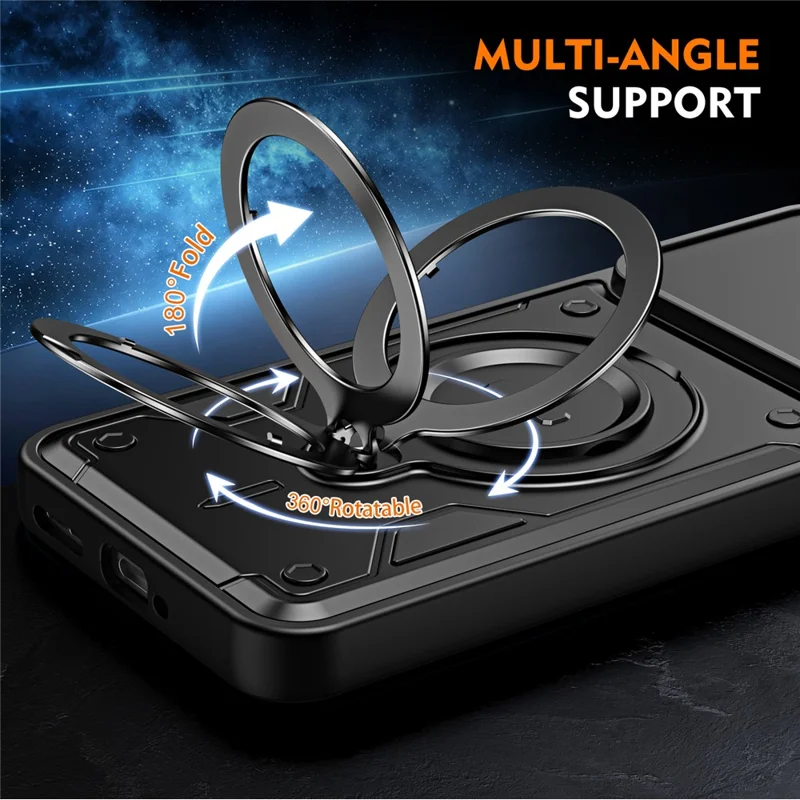 For Motorola Edge 60 Pro 5G Case with Slide Lens Cover Rotatable Kickstand Shockproof TPU + PC Phone Shell - Black