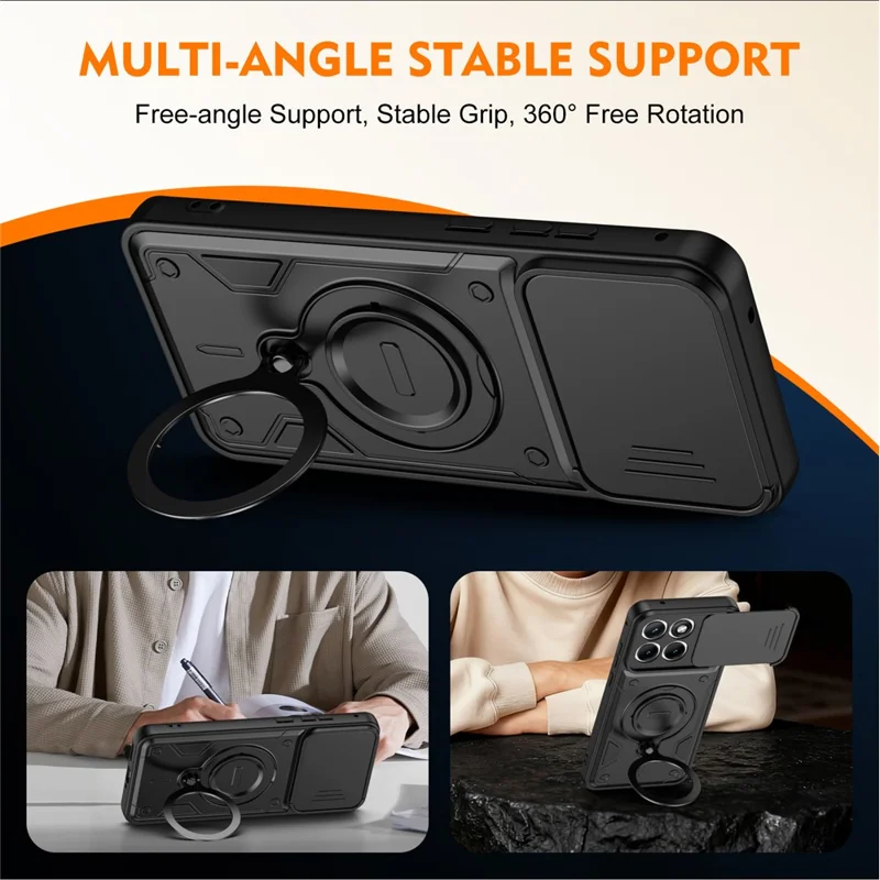 For Motorola Edge 60 Pro 5G Case with Slide Lens Cover Rotatable Kickstand Shockproof TPU + PC Phone Shell - Black