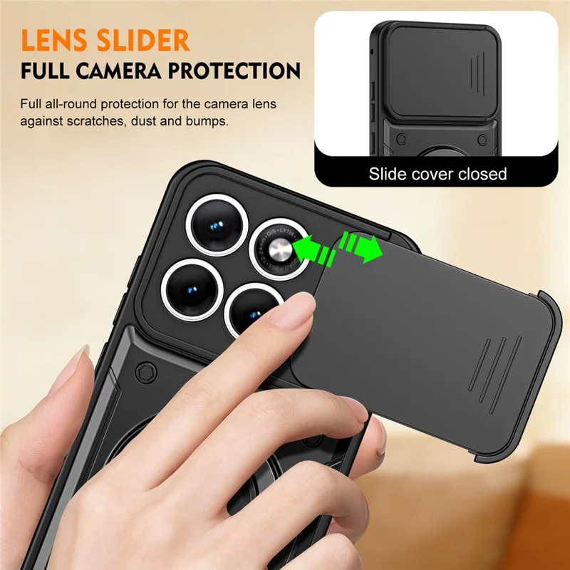 For Motorola Edge 60 Pro 5G Case with Slide Lens Cover Rotatable Kickstand Shockproof TPU + PC Phone Shell - Black
