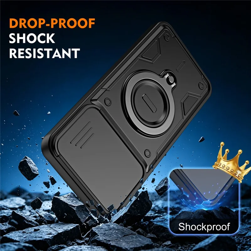 For Motorola Edge 60 Pro 5G Case with Slide Lens Cover Rotatable Kickstand Shockproof TPU + PC Phone Shell - Black