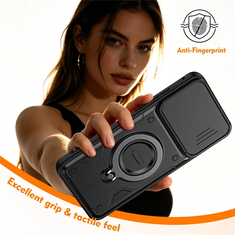 For Motorola Edge 60 Pro 5G Case with Slide Lens Cover Rotatable Kickstand Shockproof TPU + PC Phone Shell - Black