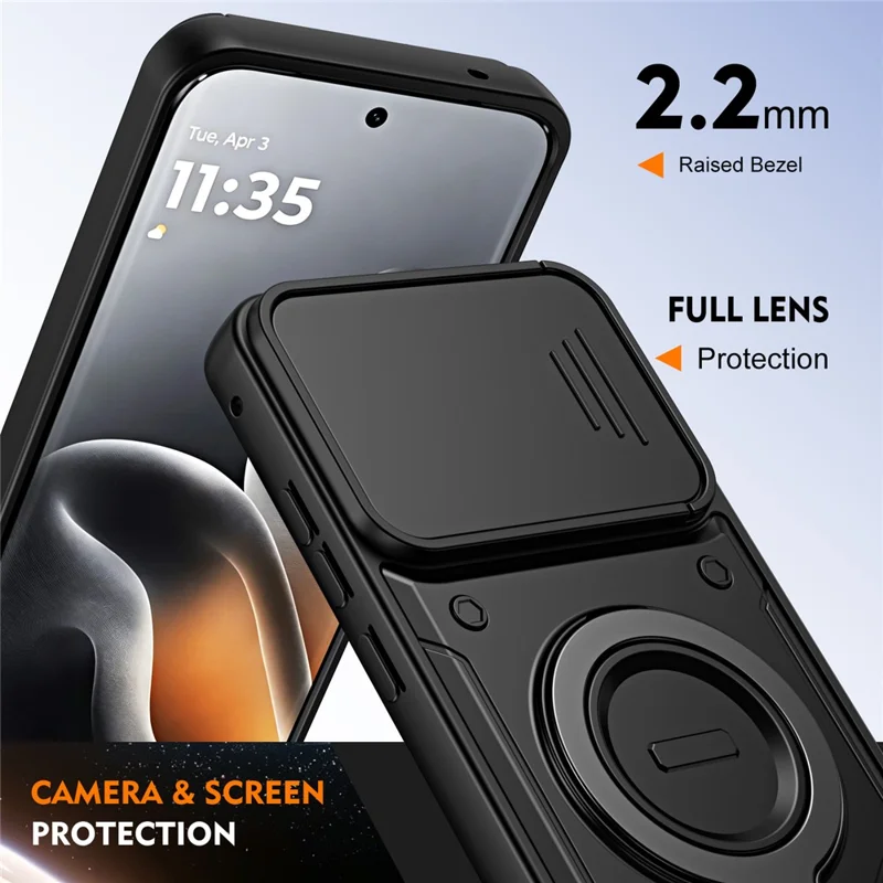 For Motorola Edge 60 Pro 5G Case with Slide Lens Cover Rotatable Kickstand Shockproof TPU + PC Phone Shell - Black