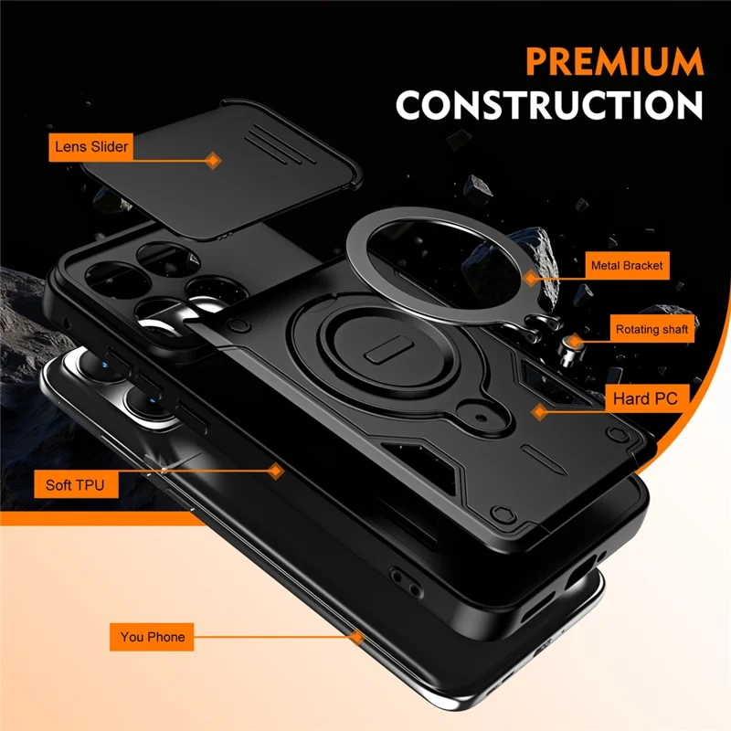 For Motorola Edge 60 Pro 5G Case with Slide Lens Cover Rotatable Kickstand Shockproof TPU + PC Phone Shell - Black