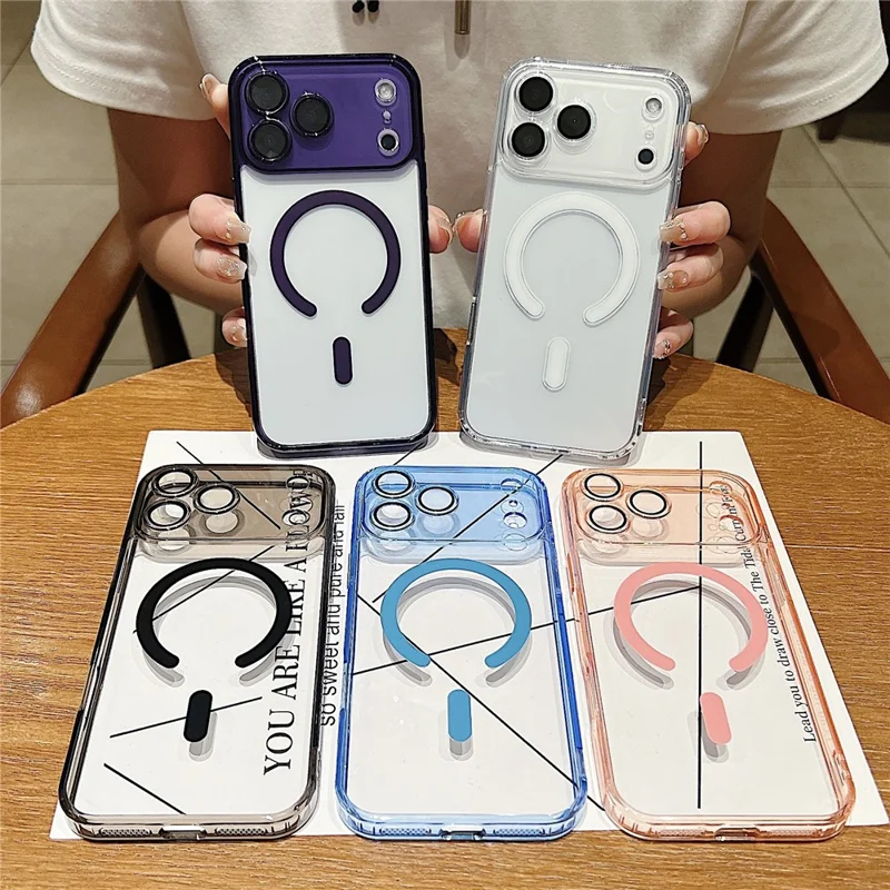 For iPhone 17 Pro Magnetic Case Acryic + TPU Phone Cover with PET Lens Protector - Pink