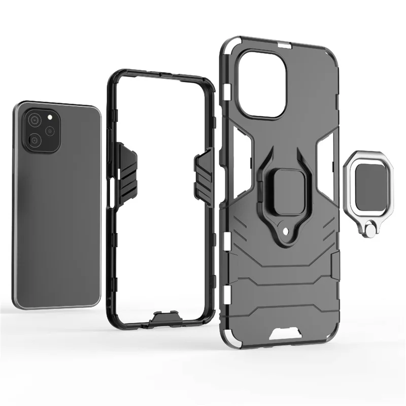 For Huawei nova Y61 4G Ring Kickstand Shock Absorbing Phone Case PC+TPU Mobile Phone Cover - Blue