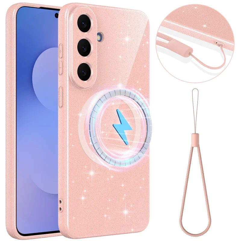 For Samsung Galaxy S26 FE Magnetic Case Glitter TPU Shockproof Phone Cover with Lanyard - Pink - 1