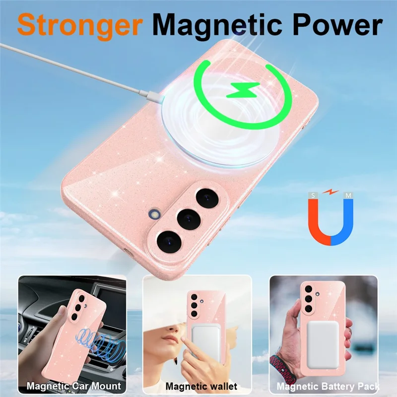 For Samsung Galaxy S26 FE Magnetic Case Glitter TPU Shockproof Phone Cover with Lanyard - Pink - 4
