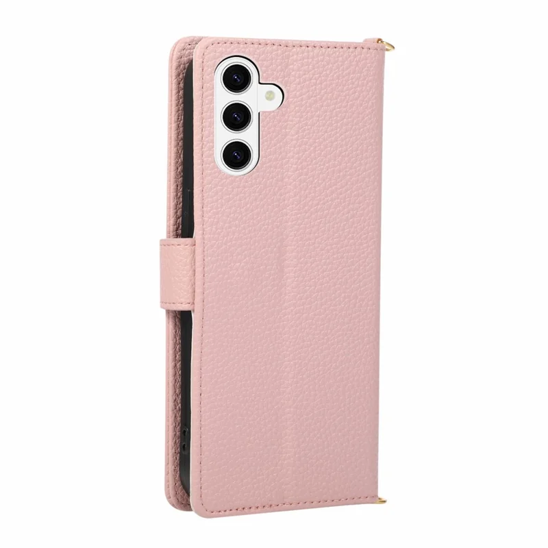 For Samsung Galaxy S26 FE Wallet Case Triangular Splicing Zipper Leather Flip Cover with Wrist Strap - Pink