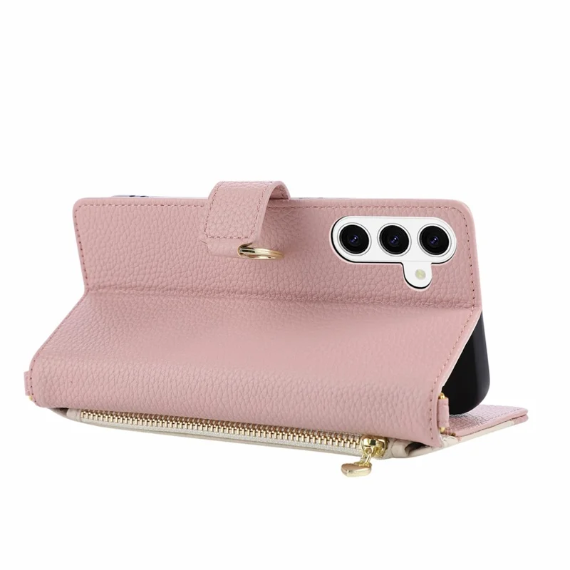 For Samsung Galaxy S26 FE Wallet Case Triangular Splicing Zipper Leather Flip Cover with Wrist Strap - Pink