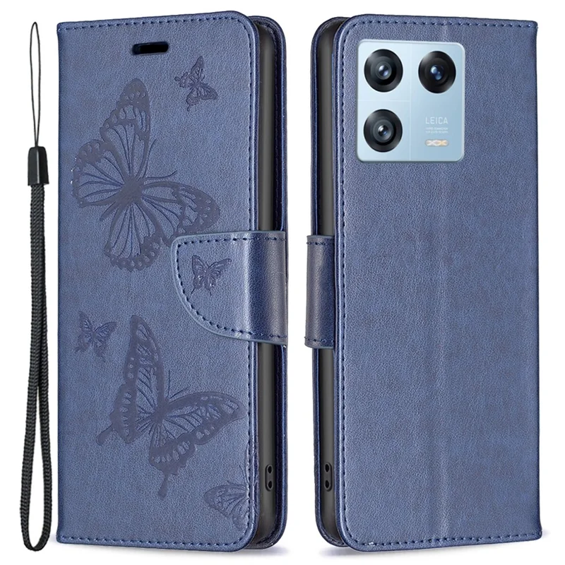 Handytasche aus Leder mit Schmetterlingsmuster und Gurt für Xiaomi 13 Pro 5G, Handyhülle – Dunkelblau