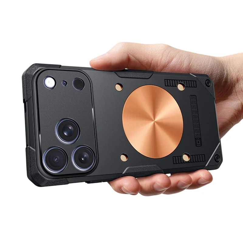 For iPhone 17 Pro Case Copper Heat Dissipation TPU + Metal Cooling Phone Cover Support Magnetic Car Mount - Black