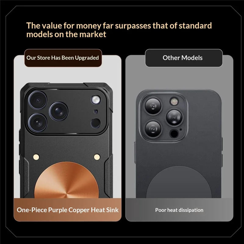 For iPhone 17 Pro Case Copper Heat Dissipation TPU + Metal Cooling Phone Cover Support Magnetic Car Mount - Black