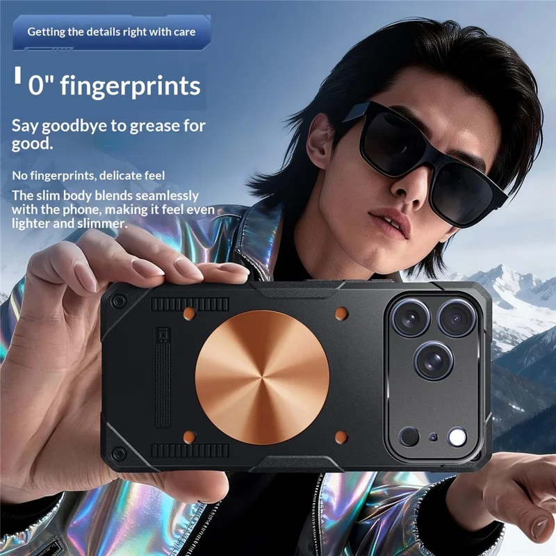 For iPhone 17 Pro Case Copper Heat Dissipation TPU + Metal Cooling Phone Cover Support Magnetic Car Mount - Black