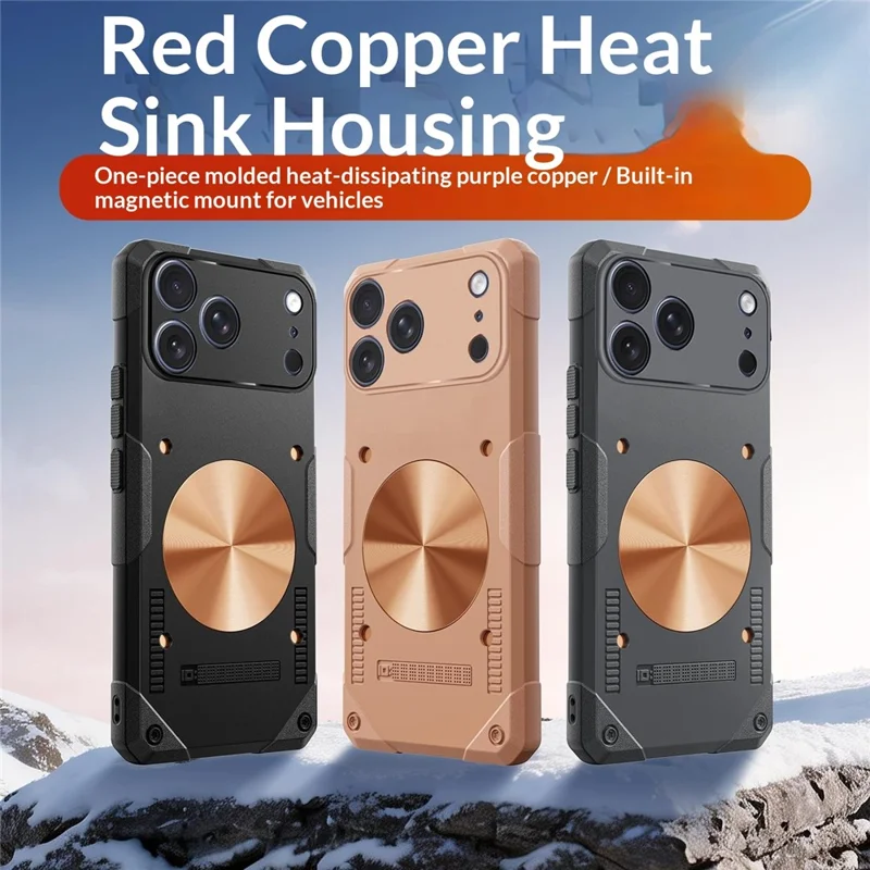 For iPhone 17 Pro Case Copper Heat Dissipation TPU + Metal Cooling Phone Cover Support Magnetic Car Mount - Black