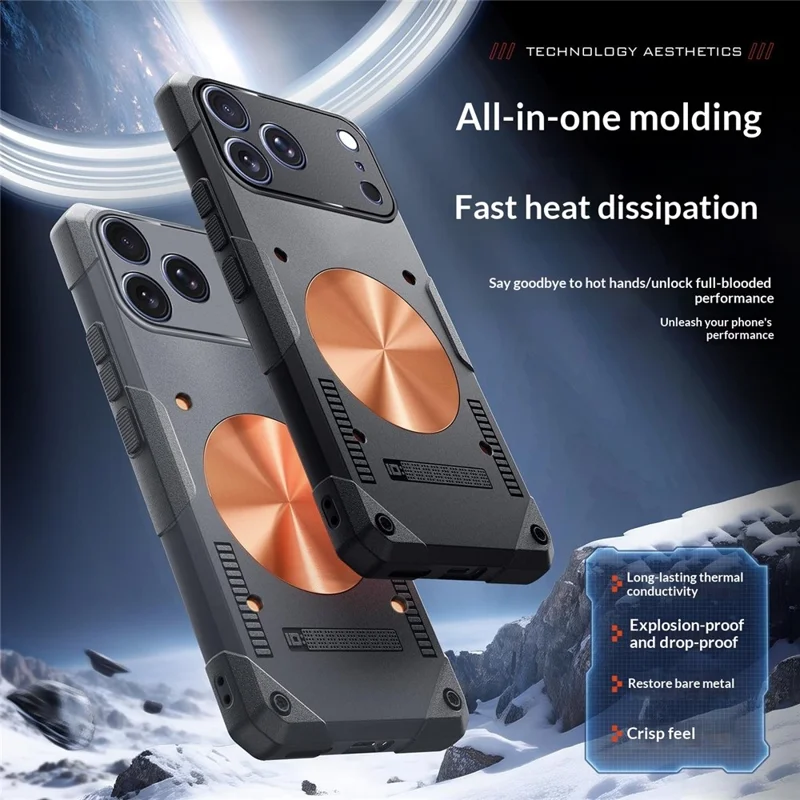 For iPhone 17 Pro Case Copper Heat Dissipation TPU + Metal Cooling Phone Cover Support Magnetic Car Mount - Black